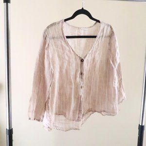 Color Me Cotton Striped Linen Button Top Tan